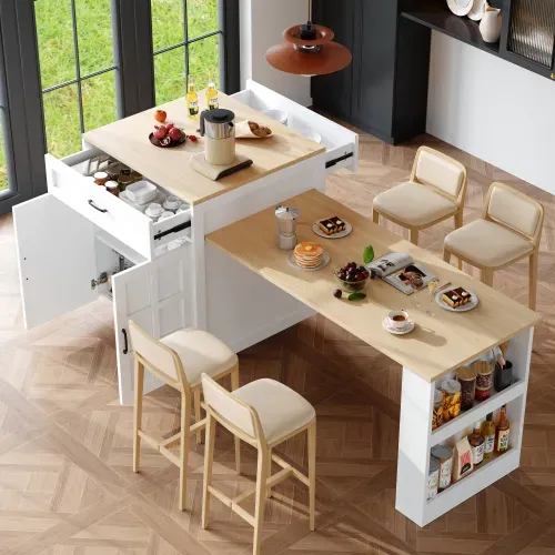 Îlot Central Cuisine-table Extensible Avec Rangement-pour 2 à 6 Personnes-desserte-blanc
