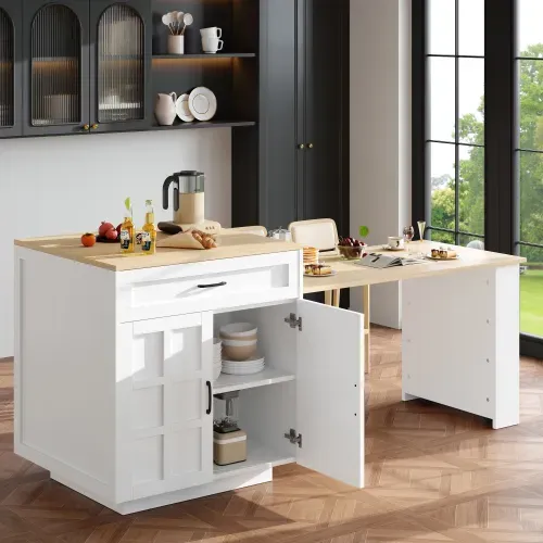 Îlot Central Cuisine-table Extensible Avec Rangement-pour 2 à 6 Personnes-desserte-blanc