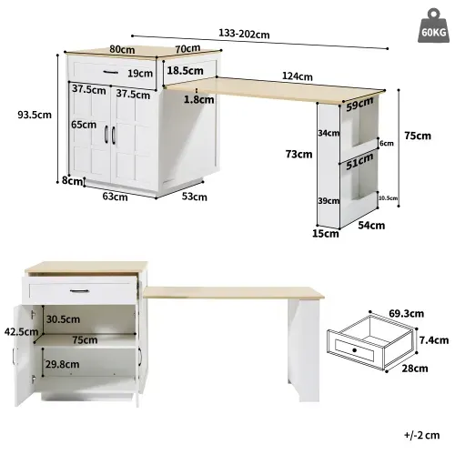 Îlot Central Cuisine-table Extensible Avec Rangement-pour 2 à 6 Personnes-desserte-blanc