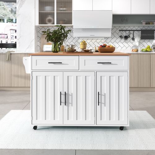 Tanant – Desserte de cuisine 140 cm – Îlot central avec 5 roulettes freinées – 3 tiroirs et 4 portes – Plateau en bois – Plan de travail rabattable blanc