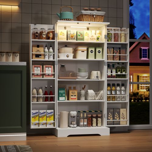 Buffet De Cuisine Avec Éclairage LED-deux Portes Avec Étagères Réglables-blanc