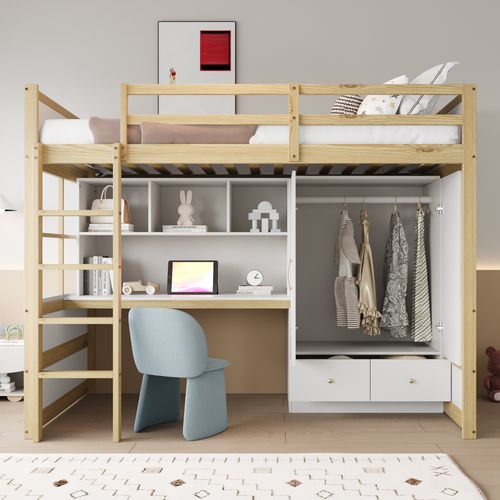Lit Mezzanine 90x200 Cm - Avec Bureau Avec Rangement - Bois