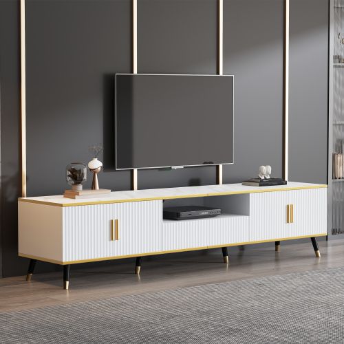 Meuble TV 200cm-aspect Marbre-commode TV-table TV Jusqu'à 90 Pouces-blanc