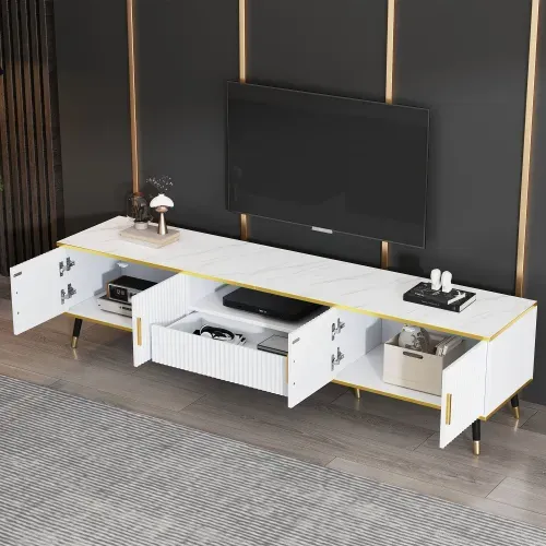 Meuble TV 200cm-aspect Marbre-commode TV-table TV Jusqu'à 90 Pouces-blanc
