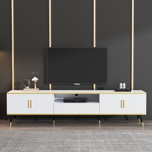 Meuble TV 200cm-aspect Marbre-commode TV-table TV Jusqu'à 90 Pouces-blanc