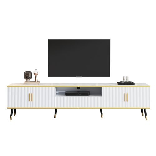 Meuble TV 200cm-aspect Marbre-commode TV-table TV Jusqu'à 90 Pouces-blanc