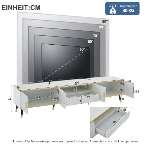 Meuble TV 200cm-aspect Marbre-commode TV-table TV Jusqu'à 90 Pouces-blanc