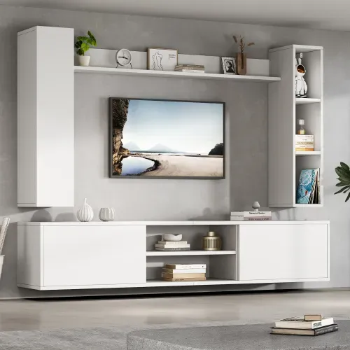 Ensemble De Meubles TV Muraux-4 Pièces-tv Jusqu'à 80 Pouces-rangement Organisé-blanc