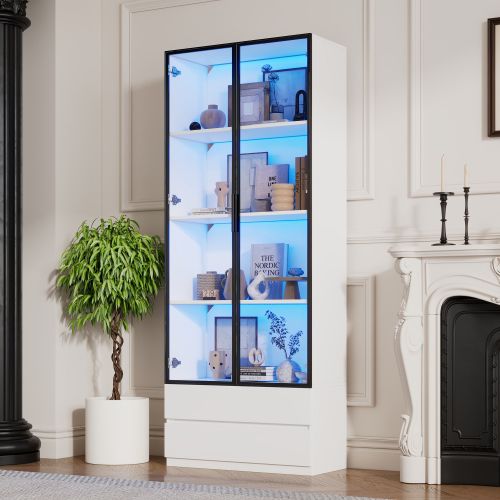 Vitrine 80*34*200cm-meuble Haut Avec Éclairage LED-avec 2 Portes Et 2 Tiroirs-salon-blanc
