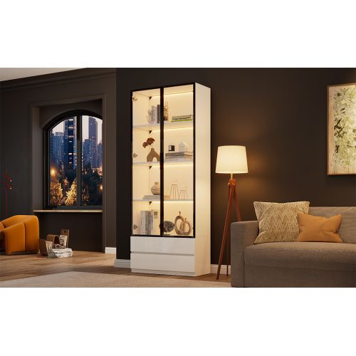 Vitrine 80*34*200cm-meuble Haut Avec Éclairage LED-avec 2 Portes Et 2 Tiroirs-salon-blanc