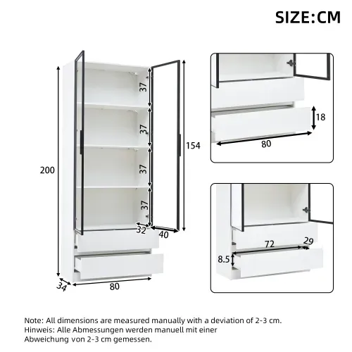 Vitrine 80*34*200cm-meuble Haut Avec Éclairage LED-avec 2 Portes Et 2 Tiroirs-salon-blanc