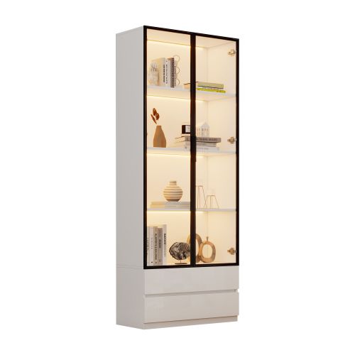 Vitrine 80*34*200cm-meuble Haut Avec Éclairage LED-avec 2 Portes Et 2 Tiroirs-salon-blanc