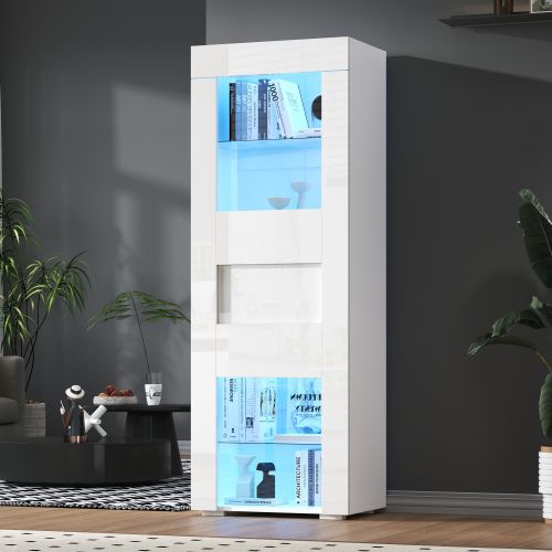 Vitrine En Acrylique-meuble De Rangement Brillant Avec Éclairage LED-buffet Haut-salon-blanc