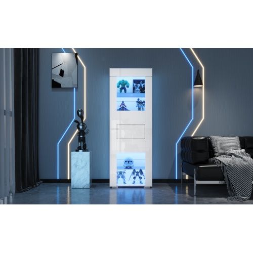 Vitrine En Acrylique-meuble De Rangement Brillant Avec Éclairage LED-buffet Haut-salon-blanc
