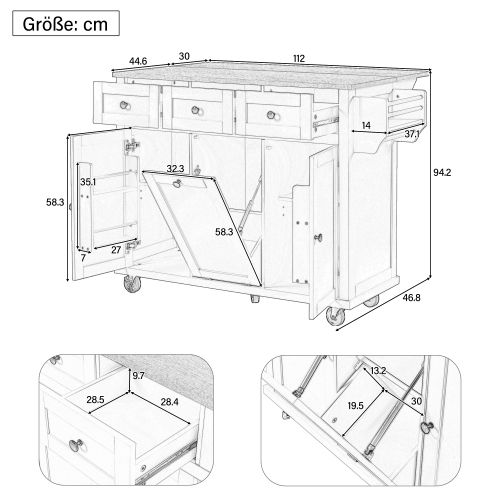 Îlot De Cuisine Extensible à Roulettes-avec Compartiment Poubelle-cuisine Et Salle à Manger-blanc