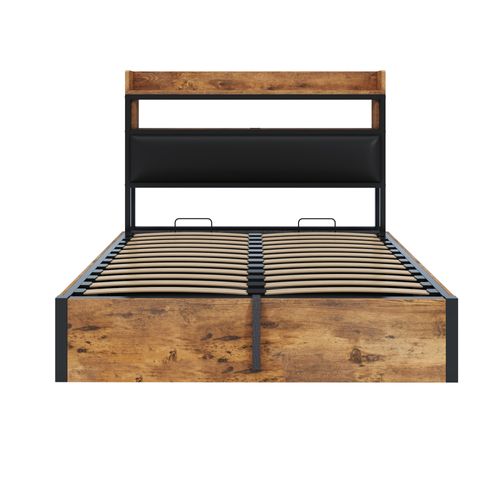 Lit Rembourrée 140x200 Cm Avec Vérin Hydraulique-port USB-en Bois Et Métal-lit Double-noir Et Bois