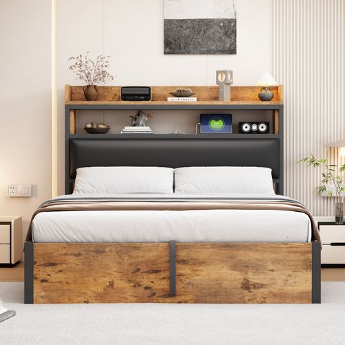 Lit Rembourrée 140x200 Cm Avec Vérin Hydraulique-port USB-en Bois Et Métal-lit Double-noir Et Bois