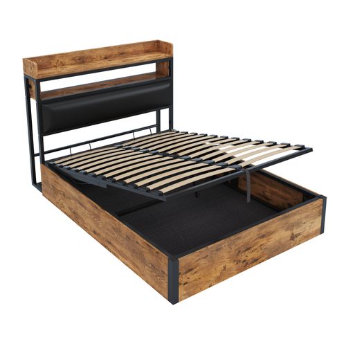 Lit Rembourrée 140x200 Cm Avec Vérin Hydraulique-port USB-en Bois Et Métal-lit Double-noir Et Bois