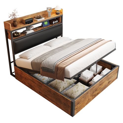 Lit Rembourrée 140x200 Cm Avec Vérin Hydraulique-port USB-en Bois Et Métal-lit Double-noir Et Bois