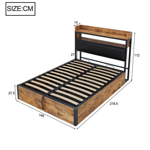 Lit Rembourrée 140x200 Cm Avec Vérin Hydraulique-port USB-en Bois Et Métal-lit Double-noir Et Bois