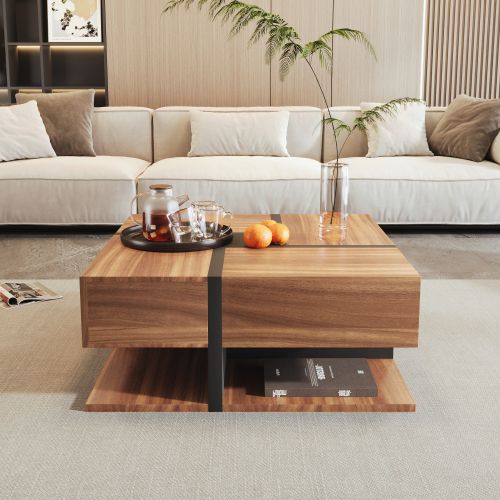 Table Basse 78 X 78 X 36 Cm-avec 4 Tiroirs-espace De Rangement En Dessous-en Bois