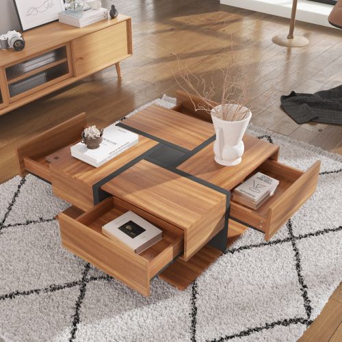 Table Basse 78 X 78 X 36 Cm-avec 4 Tiroirs-espace De Rangement En Dessous-en Bois