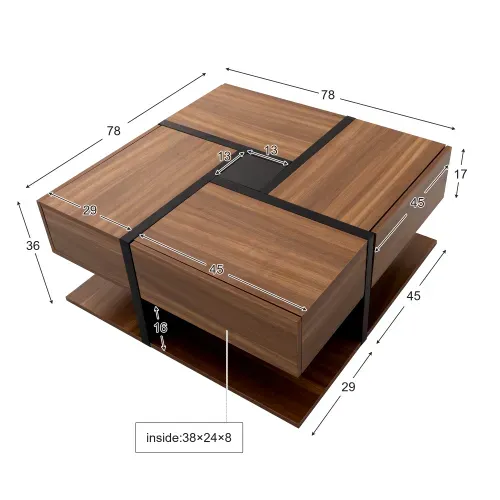 Table Basse 78 X 78 X 36 Cm-avec 4 Tiroirs-espace De Rangement En Dessous-en Bois