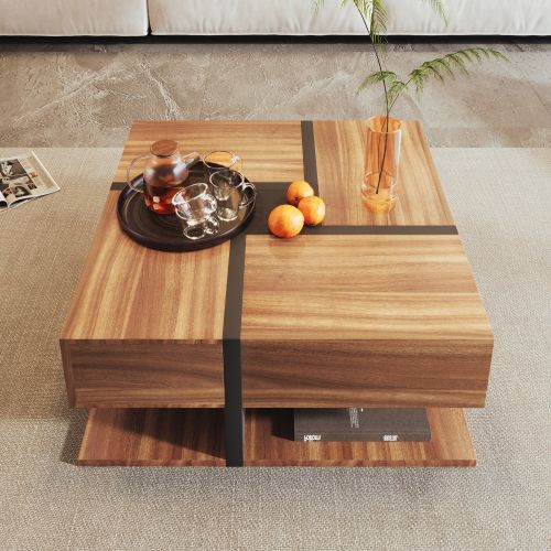 Table Basse 78 X 78 X 36 Cm-avec 4 Tiroirs-espace De Rangement En Dessous-en Bois