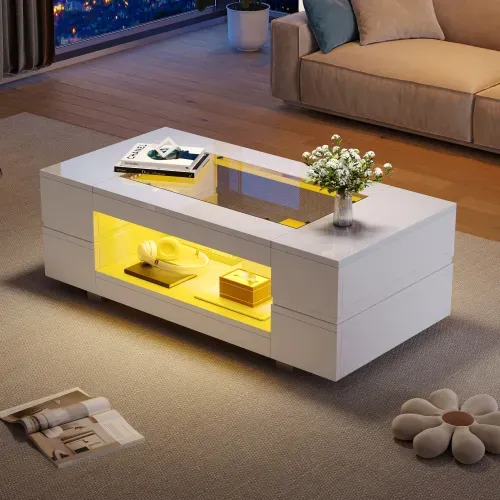 Table Basse LED Avec Contrôle-table Design Creuse à Double Couche-adaptée Aux Fêtes,salons-blanc