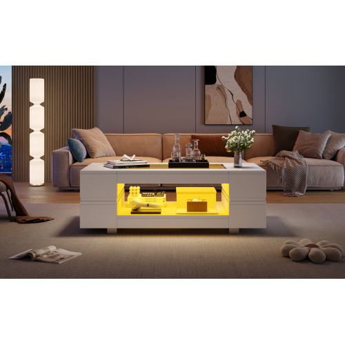 Table Basse LED Avec Contrôle-table Design Creuse à Double Couche-adaptée Aux Fêtes,salons-blanc