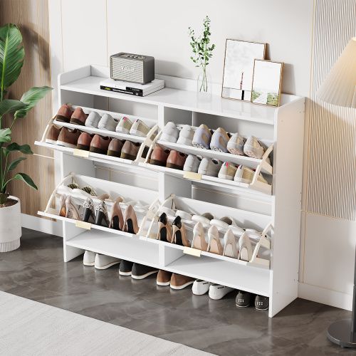 Meuble à Chaussures Avec 4 Compartiments Rabattables-pour Une Entrée Ou Un Couloir-blanc