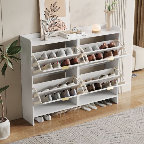 Meuble à Chaussures Avec 4 Compartiments Rabattables-pour Une Entrée Ou Un Couloir-blanc