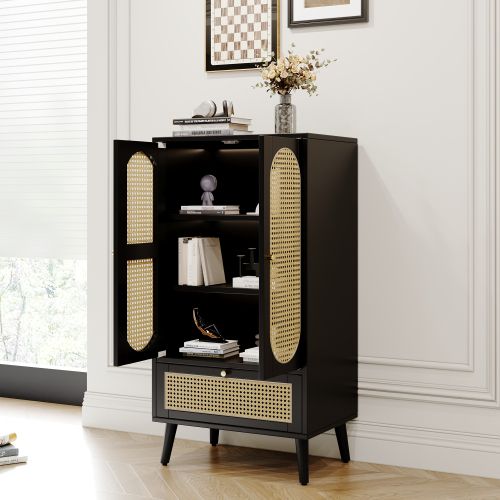 Buffet Haut-avec 2 Portes, 1 Tiroir-meuble De Salle à Manger, Bibliothèque-en Rotin-noir