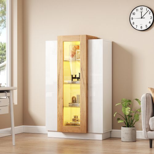 Meuble De Salon 74*40*120cm-vitrine Laquée Brillante Avec Éclairage LED-blanc Et Bois