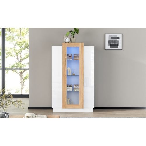 Meuble De Salon 74*40*120cm-vitrine Laquée Brillante Avec Éclairage LED-blanc Et Bois