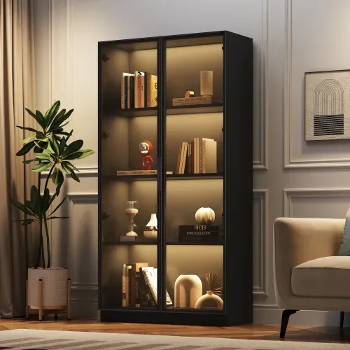 Vitrine Avec Éclairage LED-avec Étagères Réglables-armoire De Rangement à 2 Portes Pour Salon-noir