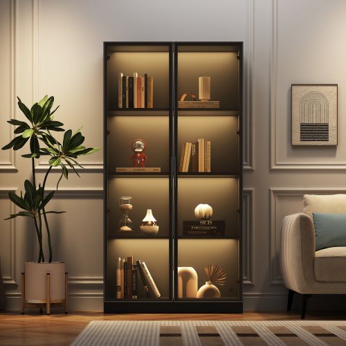 Vitrine Avec Éclairage LED-avec Étagères Réglables-armoire De Rangement à 2 Portes Pour Salon-noir