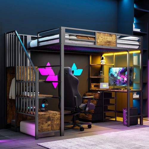 Lit Mezzanine 90 X 200 Cm Avec LED, 4 Tiroirs, Bureau Et Étagères Noir