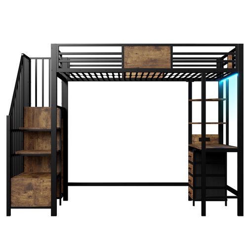 Lit Mezzanine 90 X 200 Cm Avec LED, 4 Tiroirs, Bureau Et Étagères Noir