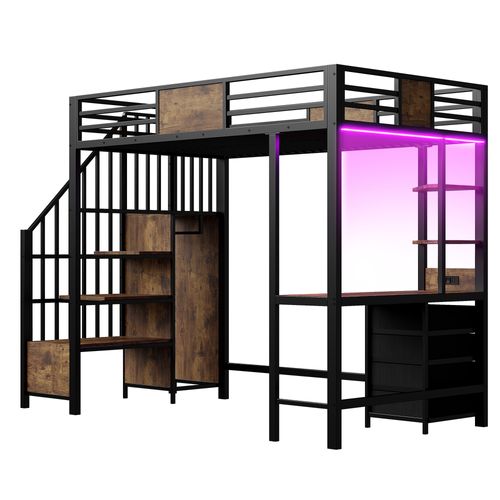 Lit Mezzanine 90 X 200 Cm Avec LED, 4 Tiroirs, Bureau Et Étagères Noir