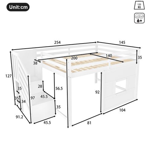 Lit Mezzanine 140 X 200 Cm Avec LED, Escalier Et Fenêtre Blanc