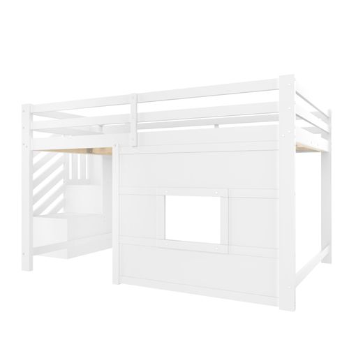 Lit Mezzanine 140 X 200 Cm Avec LED, Escalier Et Fenêtre Blanc