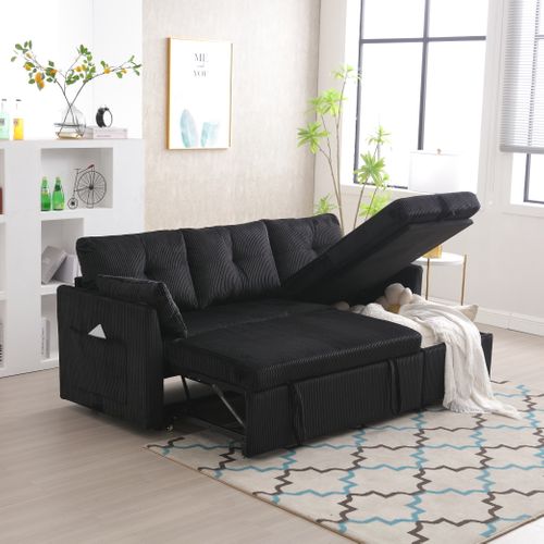 Canapé D'angle Convertible Méridienne Réversible 3 Places Velours Côtelé Noir