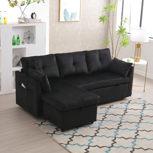 Canapé D'angle Convertible Méridienne Réversible 3 Places Velours Côtelé Noir