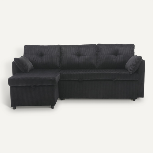 Canapé D'angle Convertible Méridienne Réversible 3 Places Velours Côtelé Noir