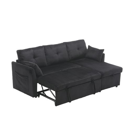 Canapé D'angle Convertible Méridienne Réversible 3 Places Velours Côtelé Noir