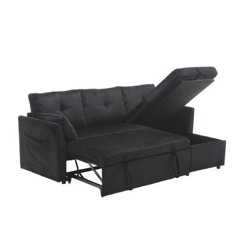 Canapé D'angle Convertible Méridienne Réversible 3 Places Velours Côtelé Noir