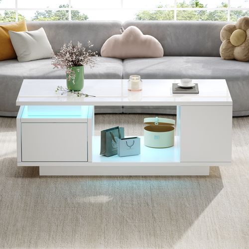 Table Basse Avec LED,, 1 Tiroir Et 5 Niches Blanc