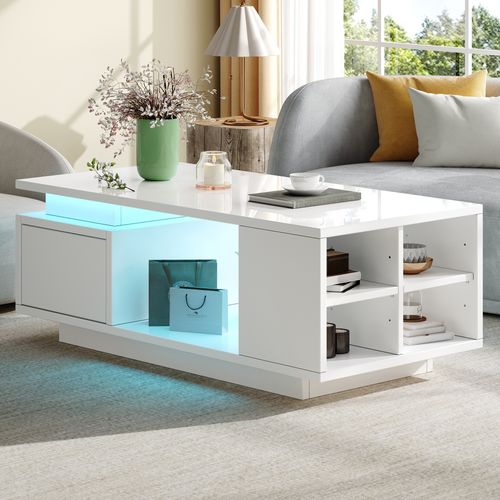 Table Basse Avec LED,, 1 Tiroir Et 5 Niches Blanc