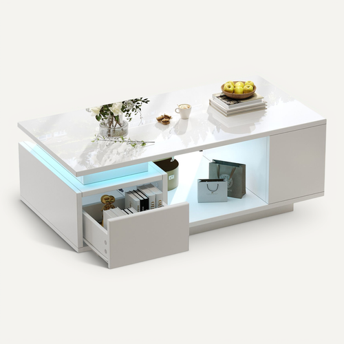 Table Basse Avec LED,, 1 Tiroir Et 5 Niches Blanc